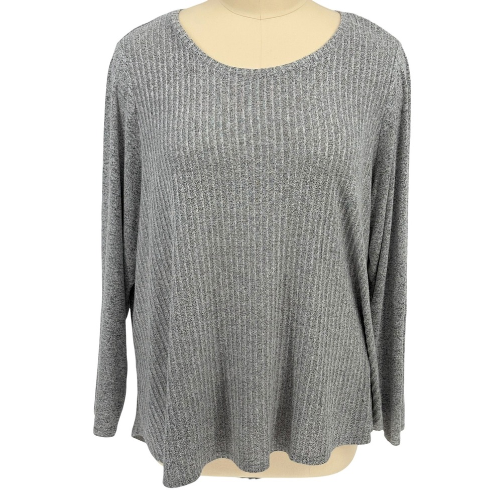 EVRI Long Sleeve Top Grey Ribbed Knit Scoop Neck Plus Size 3X